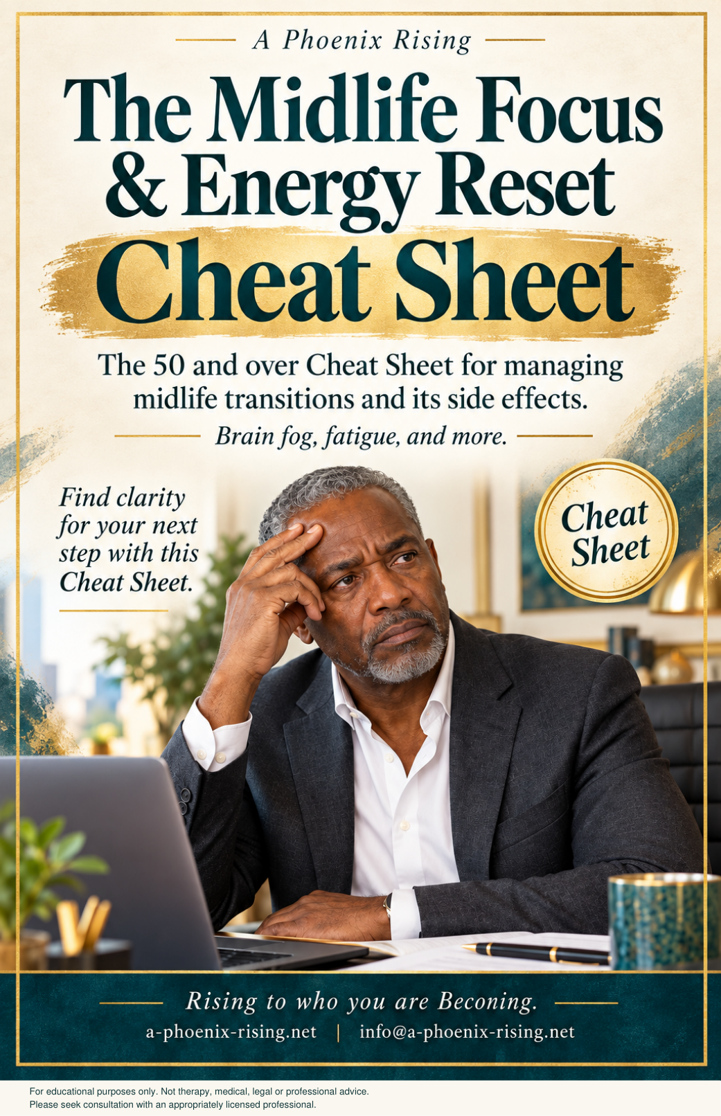Men’s Cheat Sheet cover with a midlife professional in his office