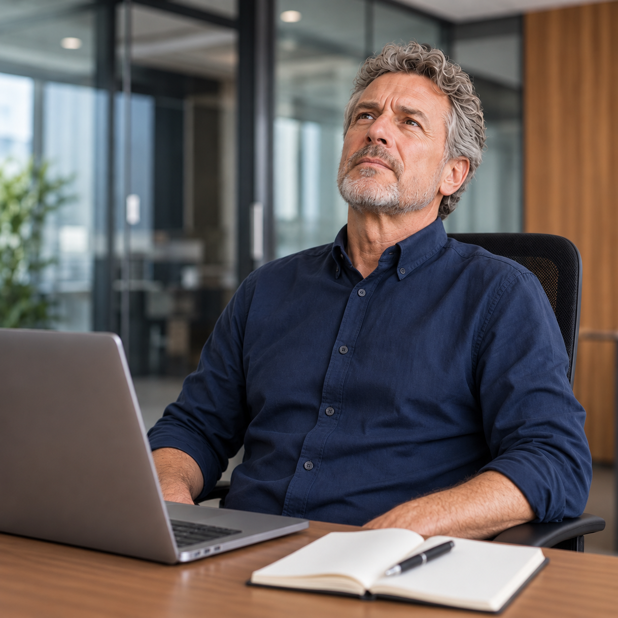 Mature man holding a cup and pausing thoughtfully